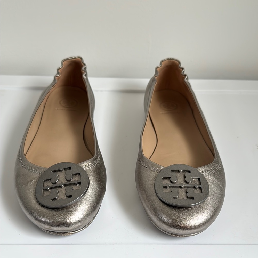 Tory Burch Silver Loafers with Logo Detail